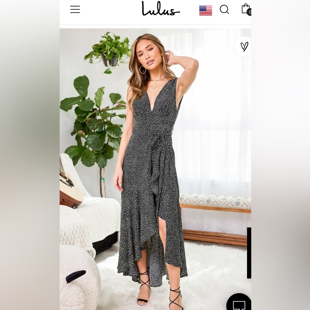 Lulus Black Floral Print Ruffled Faux Wrap Midi Dress